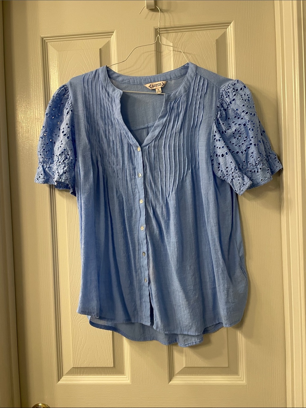Nanette Lepore Sky Blue Pintuck Button Front Blouse with Eyelet Puff Sleeves